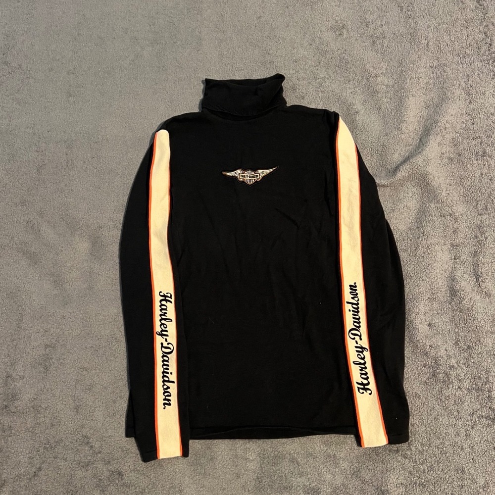 Harley-Davidson Womens Black Turtleneck Long Sleeve Racing Stripe Logo Top L